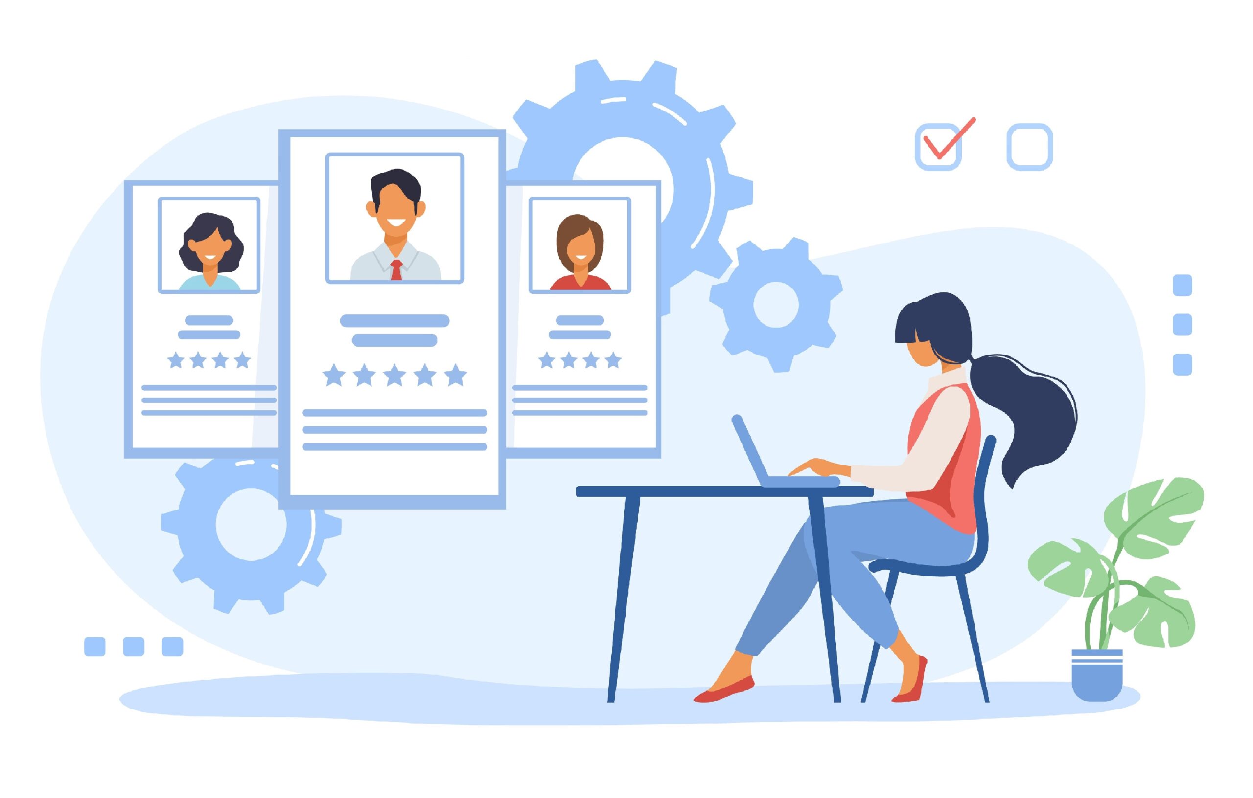 Recruit agent analyzing candidates. HR manager studying employees profiles on internet flat vector illustration. Rate, staff, human resource concept for banner, website design or landing web page